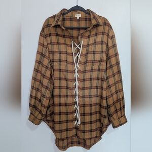 POL Lace Up Brown Plaid Hi Lo Flannel Tunic Shirt Side Vents Size Large